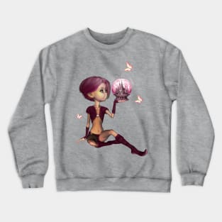 Little fairy looks at a glass sphere with a castle Crewneck Sweatshirt